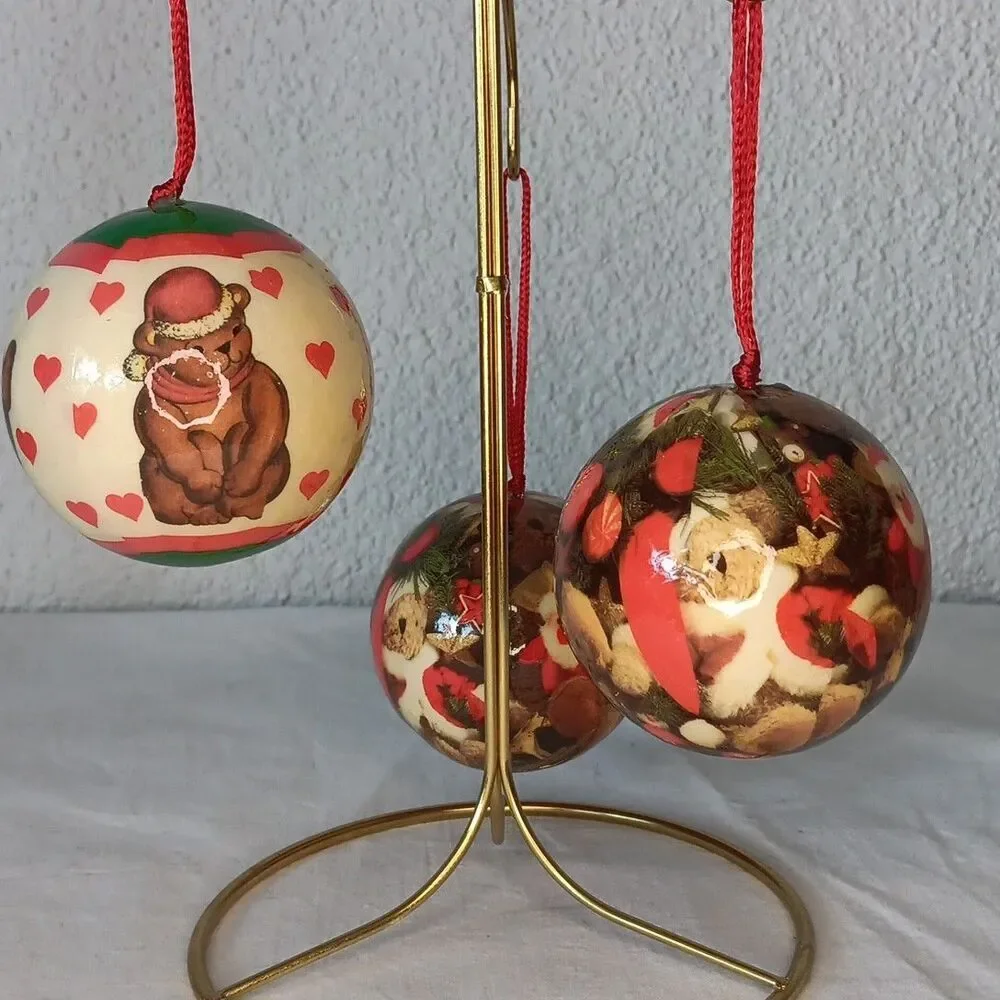 Vintage Decoupage Christmas Ornament Balls Bauble Teddy Bears Lot of 7